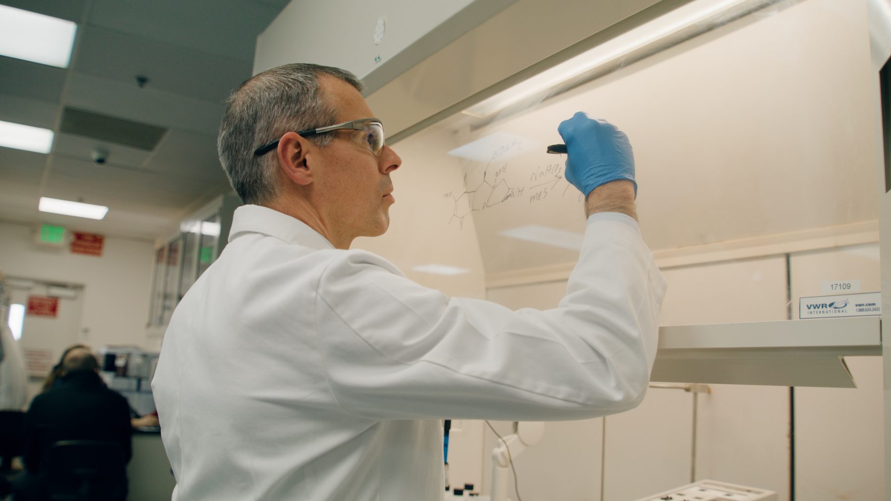 Dr. Dan Gubler writing molecular structures in the lab